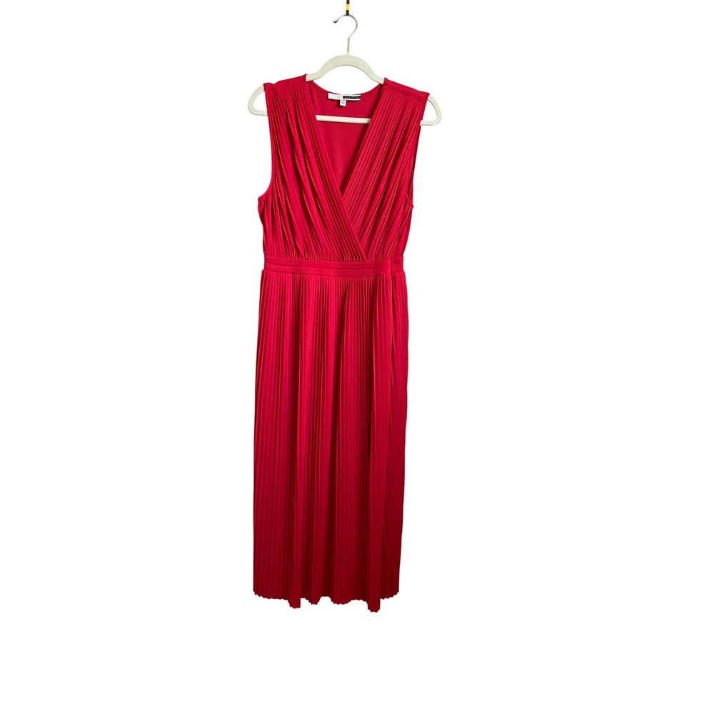 Tracy Reese Red Pleated Surplice V-Neck Sleeveless Midi Dress Size M
